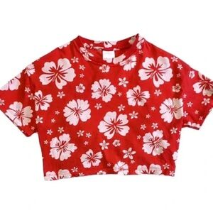 ZARA Girls Red Floral T-Shirt/Blouse/Top w/cutout in back, cropped sz 13/14